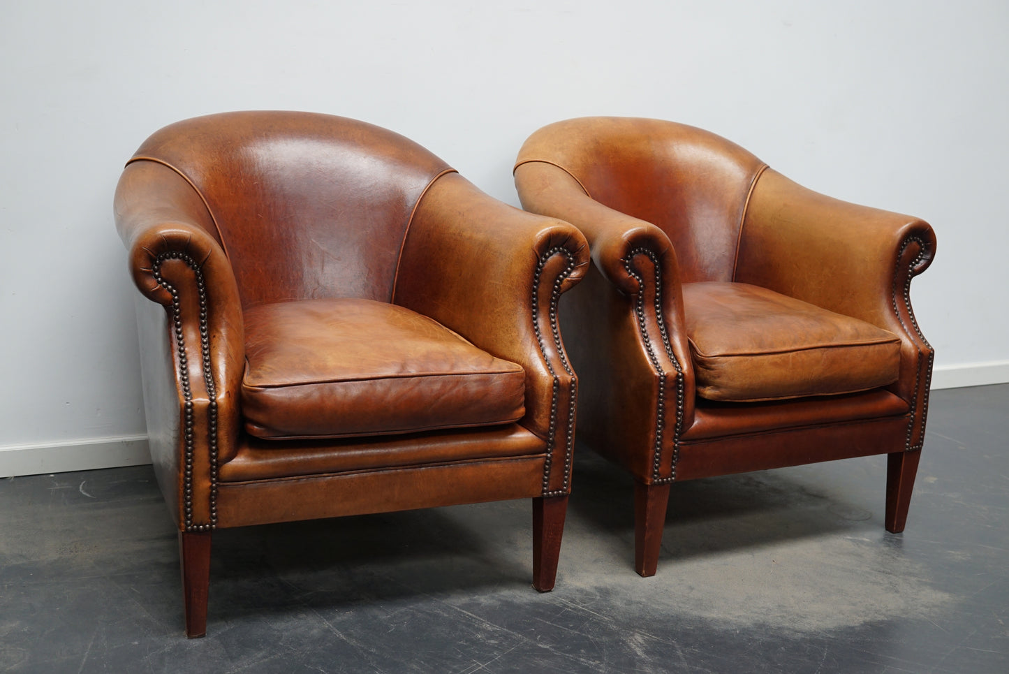 Vintage Dutch Cognac Colored Leather Club Chair, Set of 2