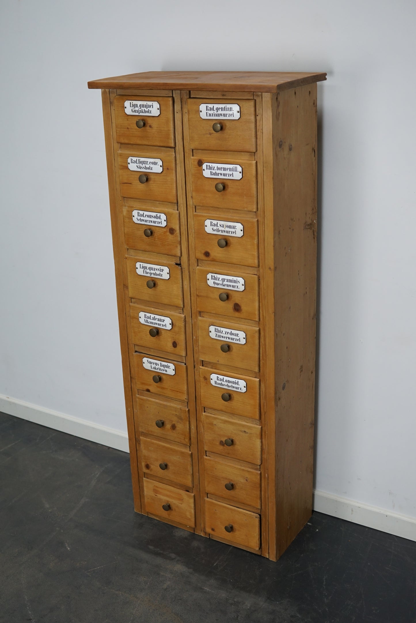Antique German Pine Apothecary Cabinet with Enamel Shields, 1900s