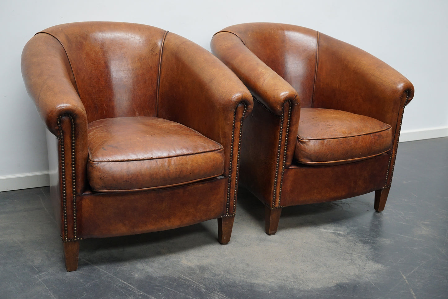 Vintage Dutch Cognac Colored Leather Club Chair, Set of 2
