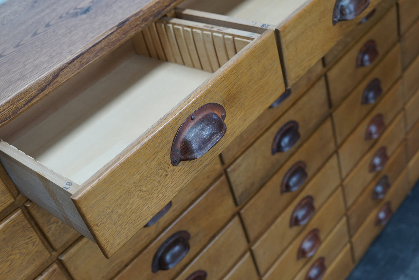 German Industrial Oak Apothecary Cabinet, Mid-20th Century