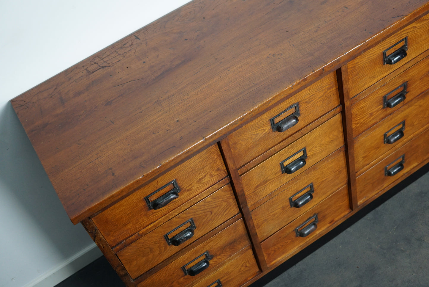 German Industrial Oak Apothecary Cabinet, Mid-20th Century