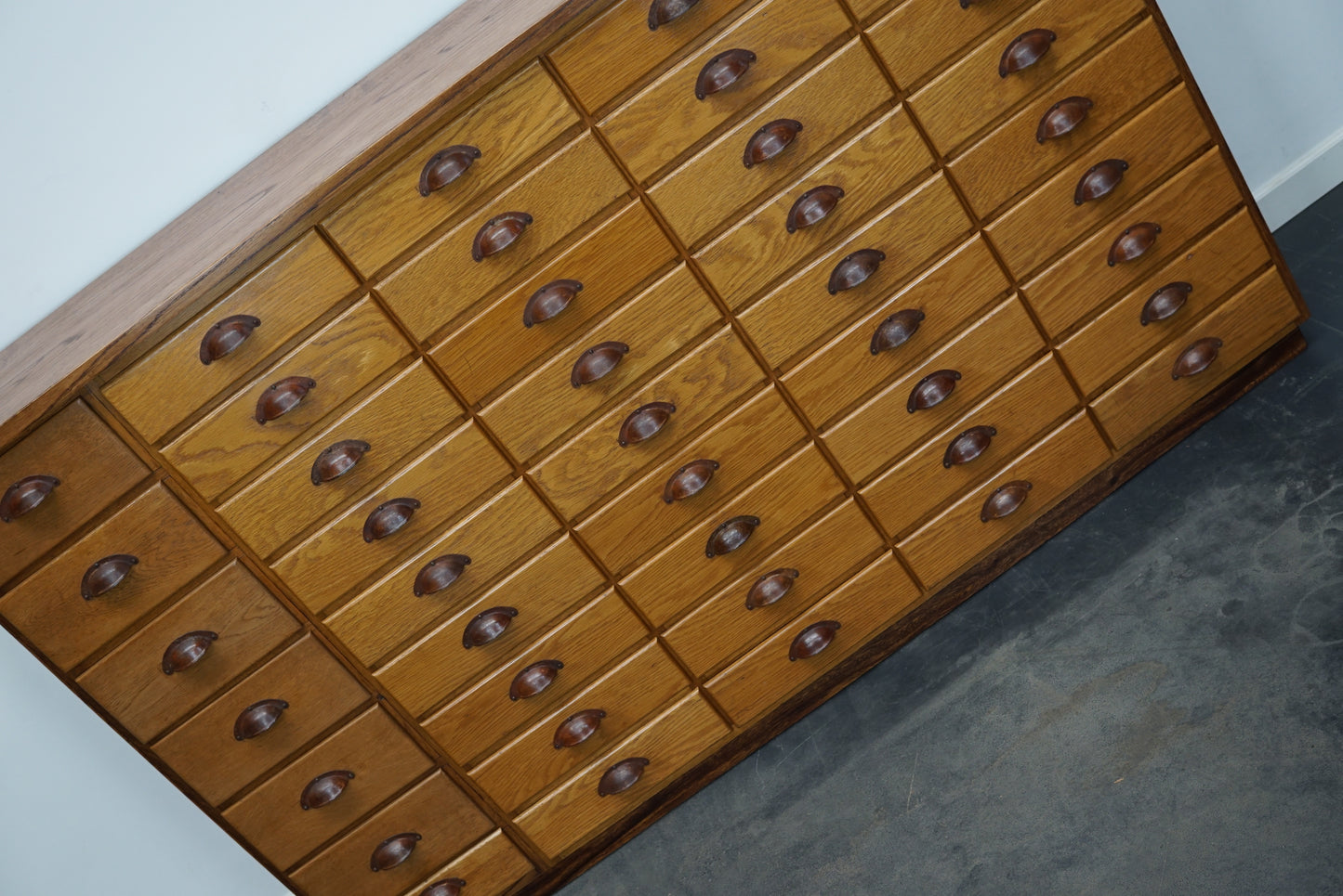 German Industrial Oak Apothecary Cabinet, Mid-20th Century