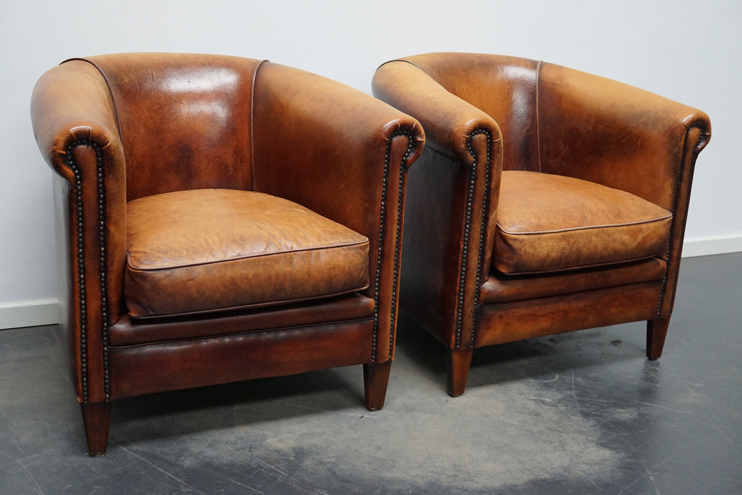 Vintage Dutch Cognac Colored Leather Club Chair, Set of 2