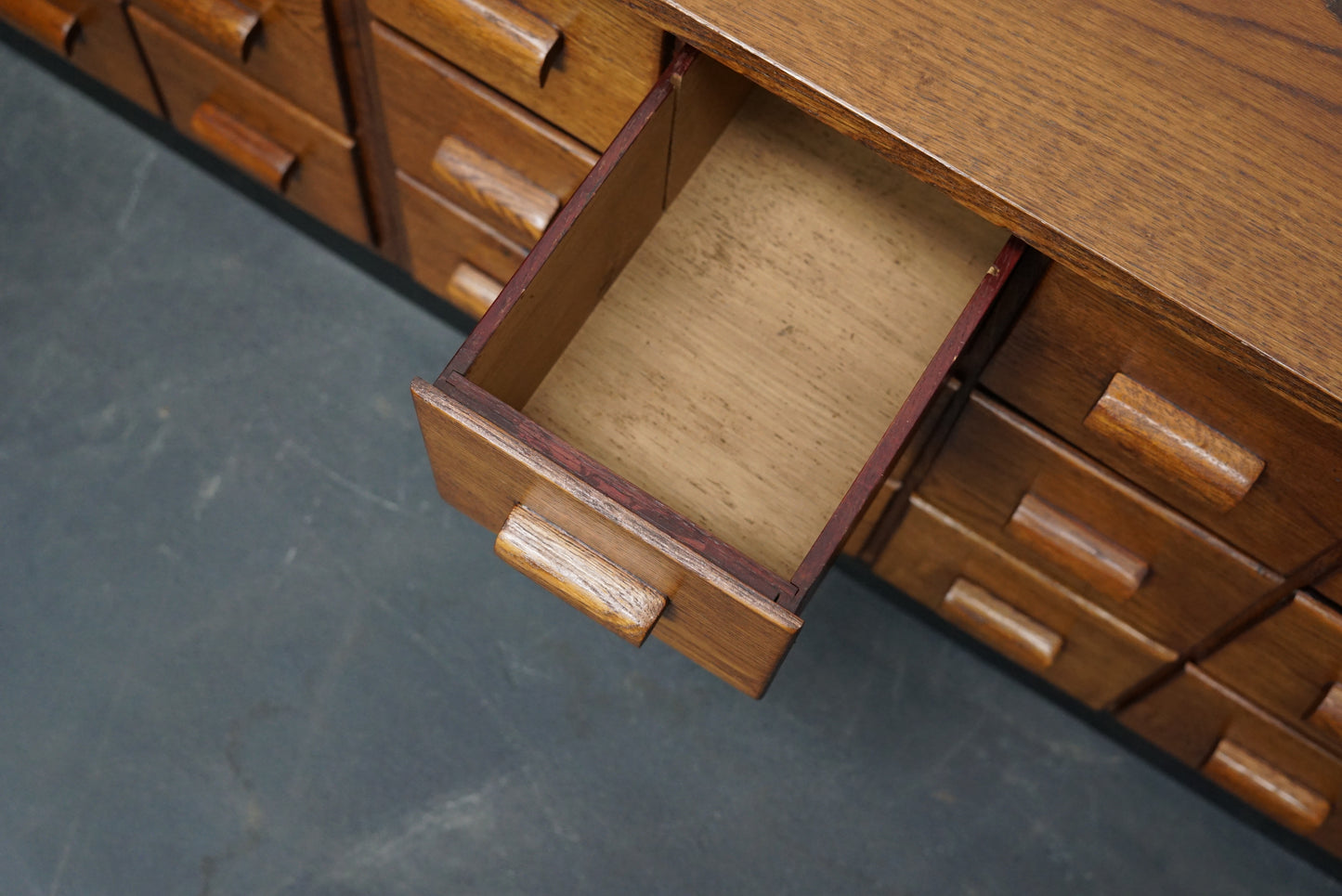 Oak German Industrial Apothecary Cabinet / Lowboard, Mid-20th Century