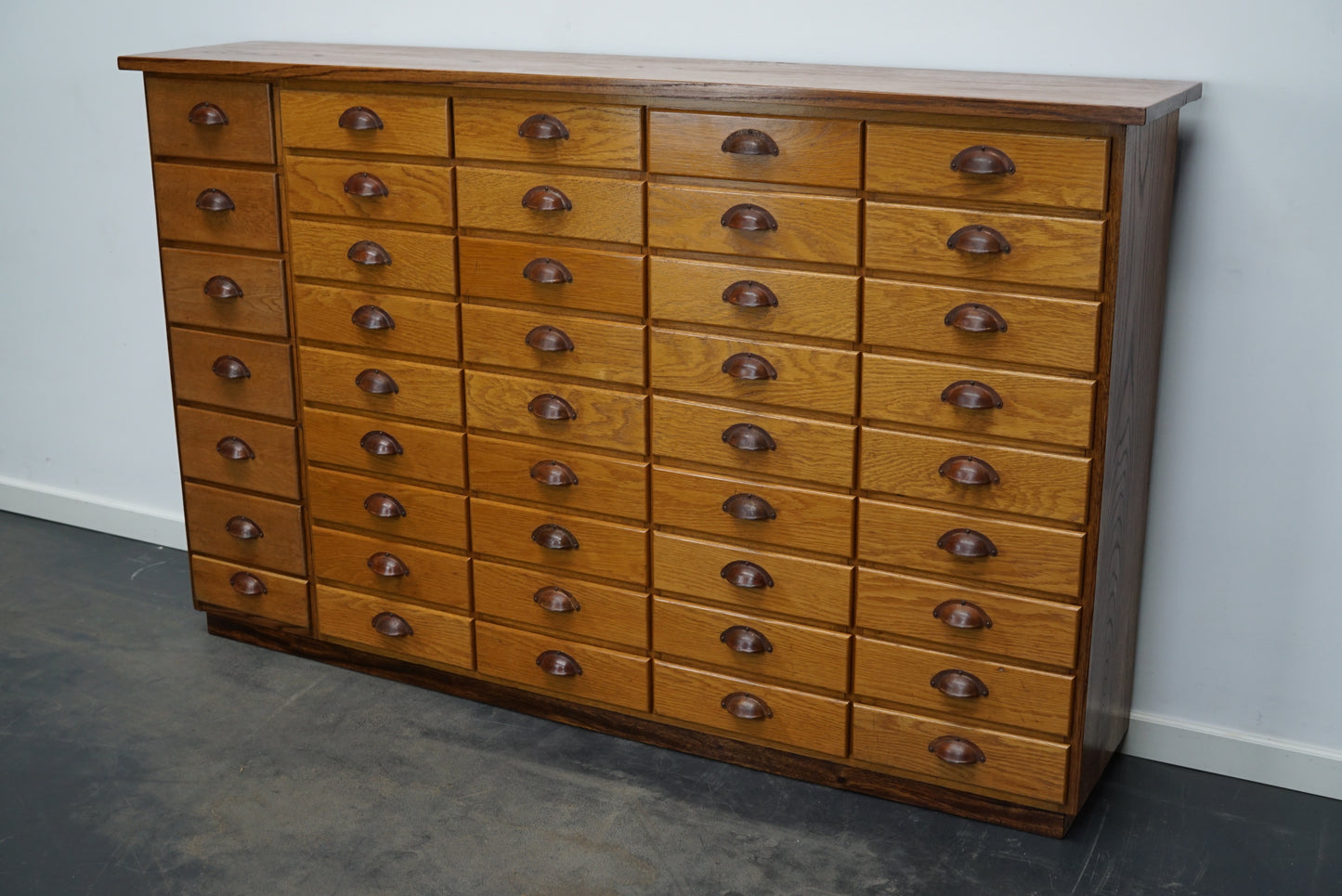 German Industrial Oak Apothecary Cabinet, Mid-20th Century