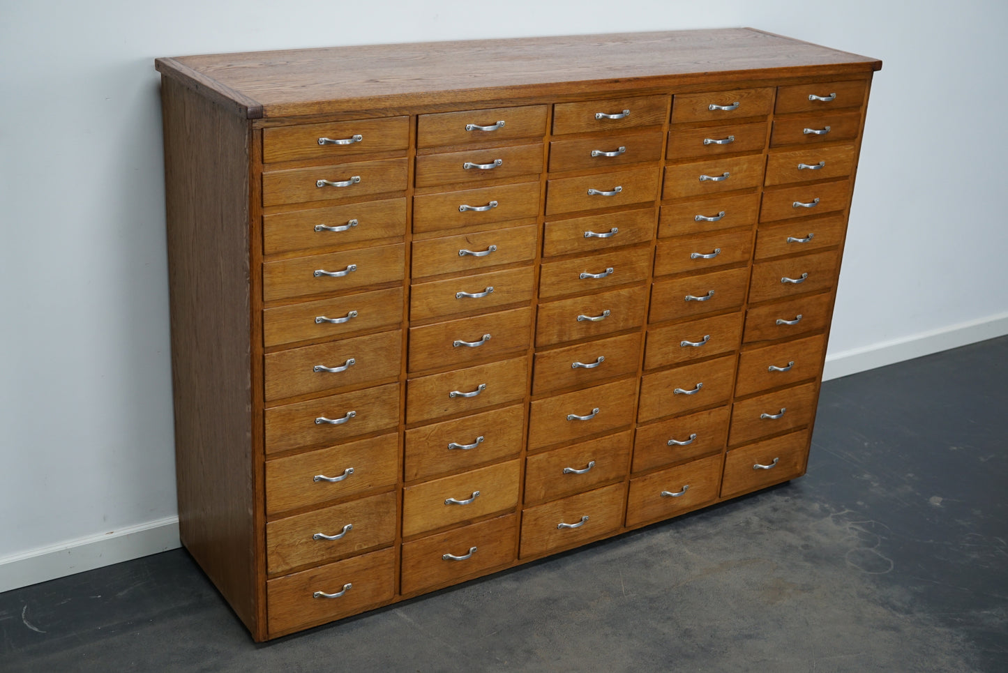 Dutch Industrial Oak Apothecary Cabinet, Mid-20th Century