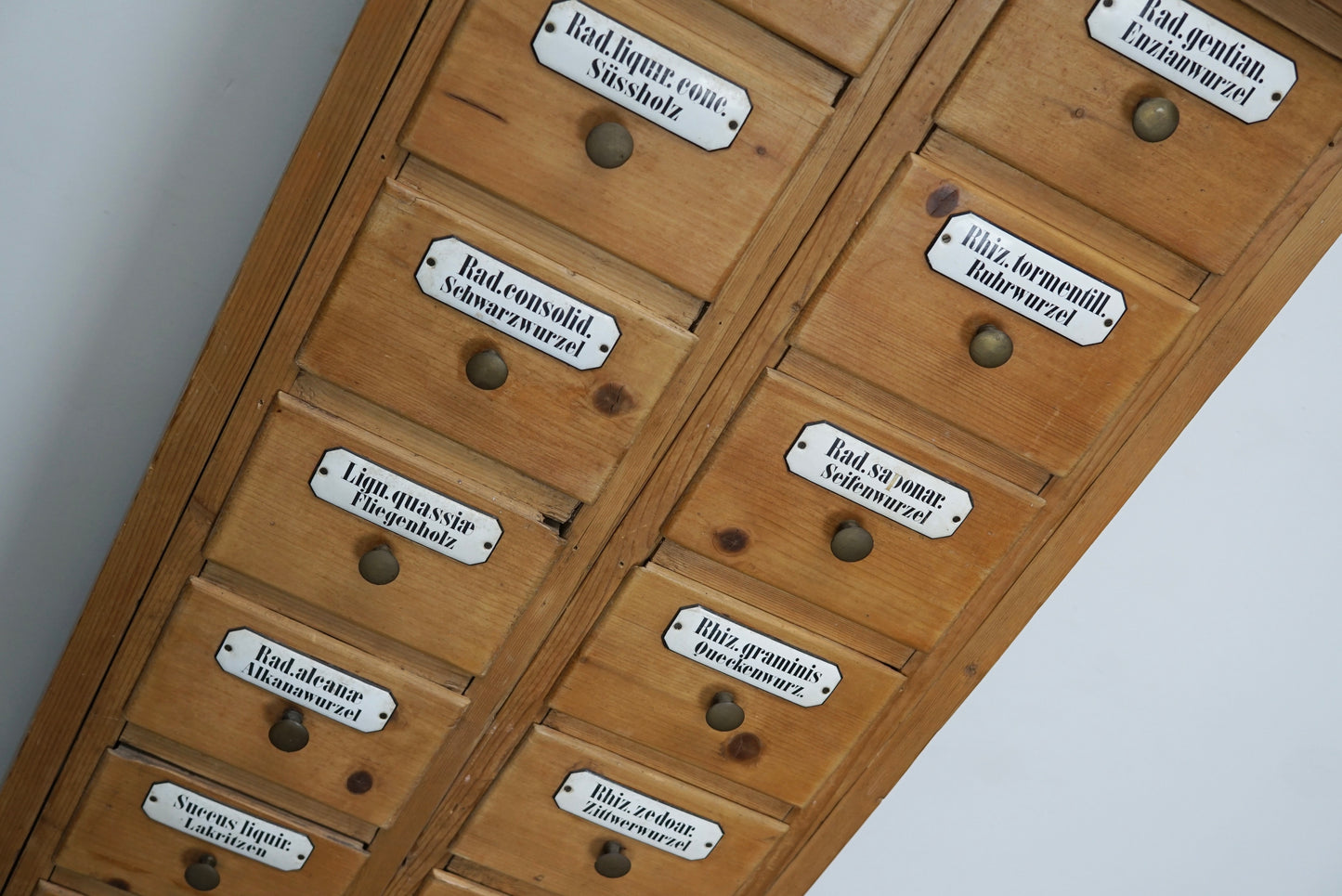 Antique German Pine Apothecary Cabinet with Enamel Shields, 1900s