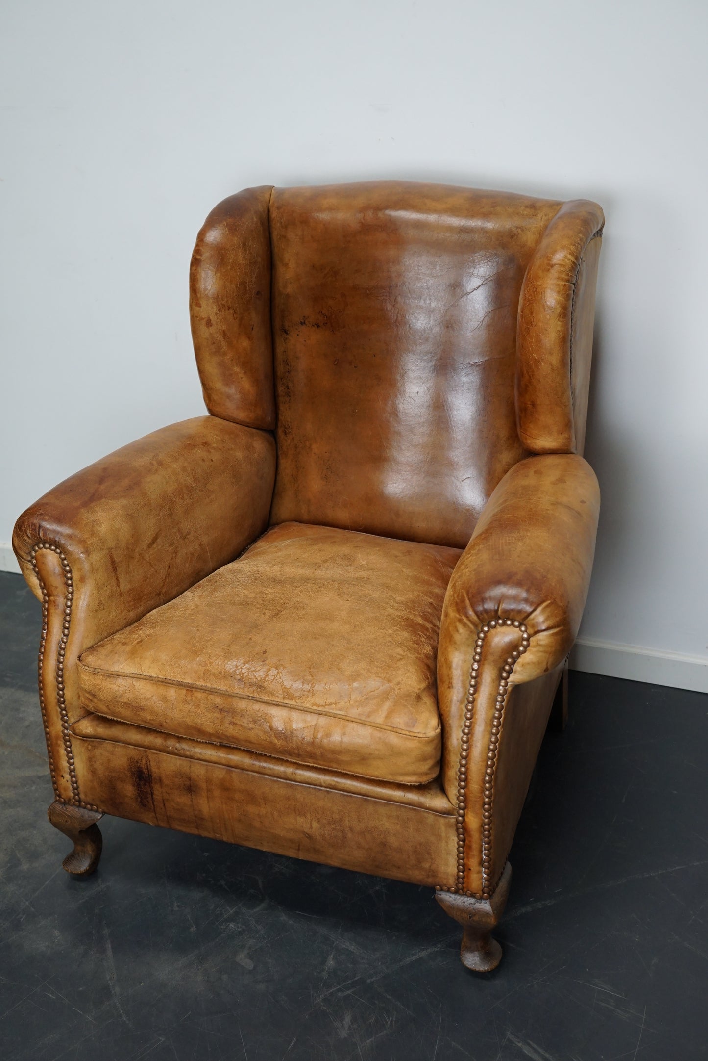 Vintage Dutch Cognac Colored Wingback Leather Club Chair