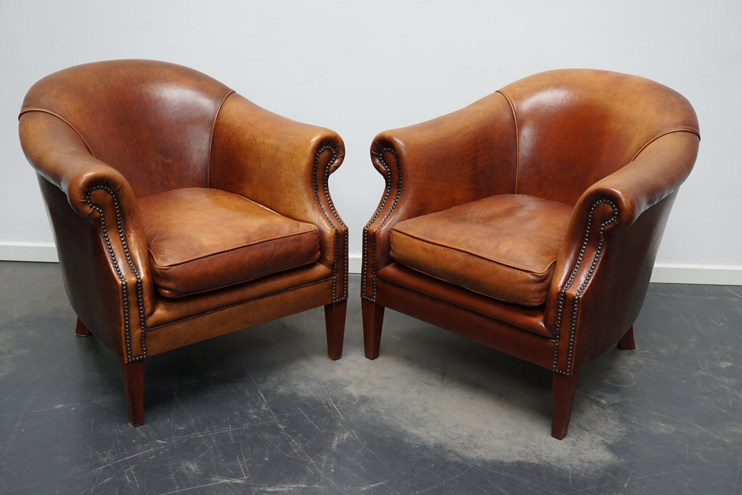 Vintage Dutch Cognac Colored Leather Club Chair, Set of 2
