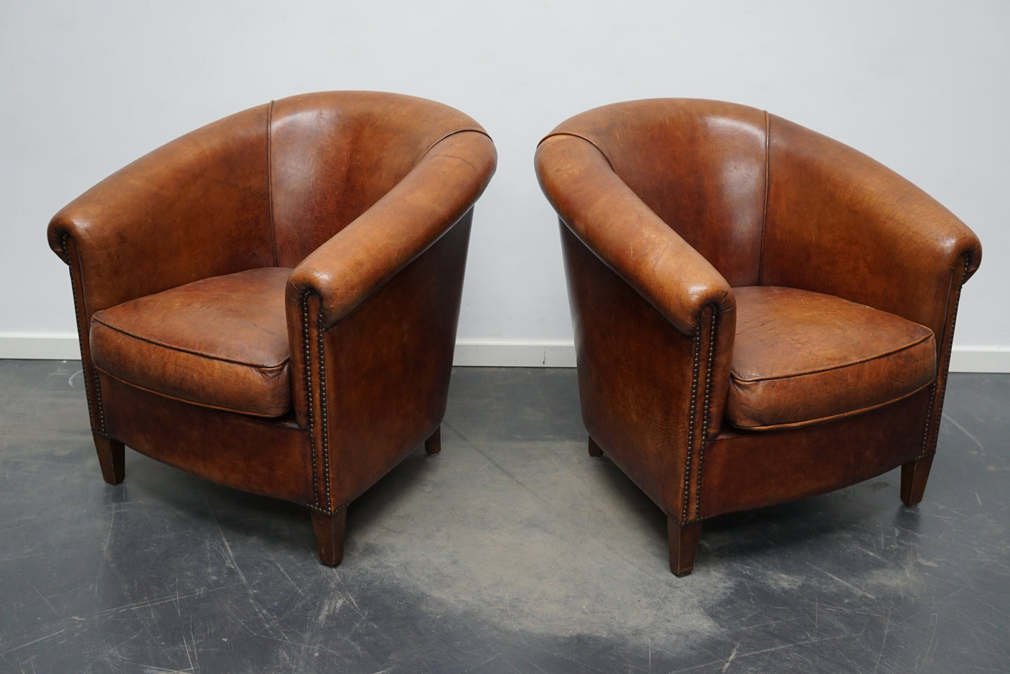 Vintage Dutch Cognac Colored Leather Club Chair, Set of 2
