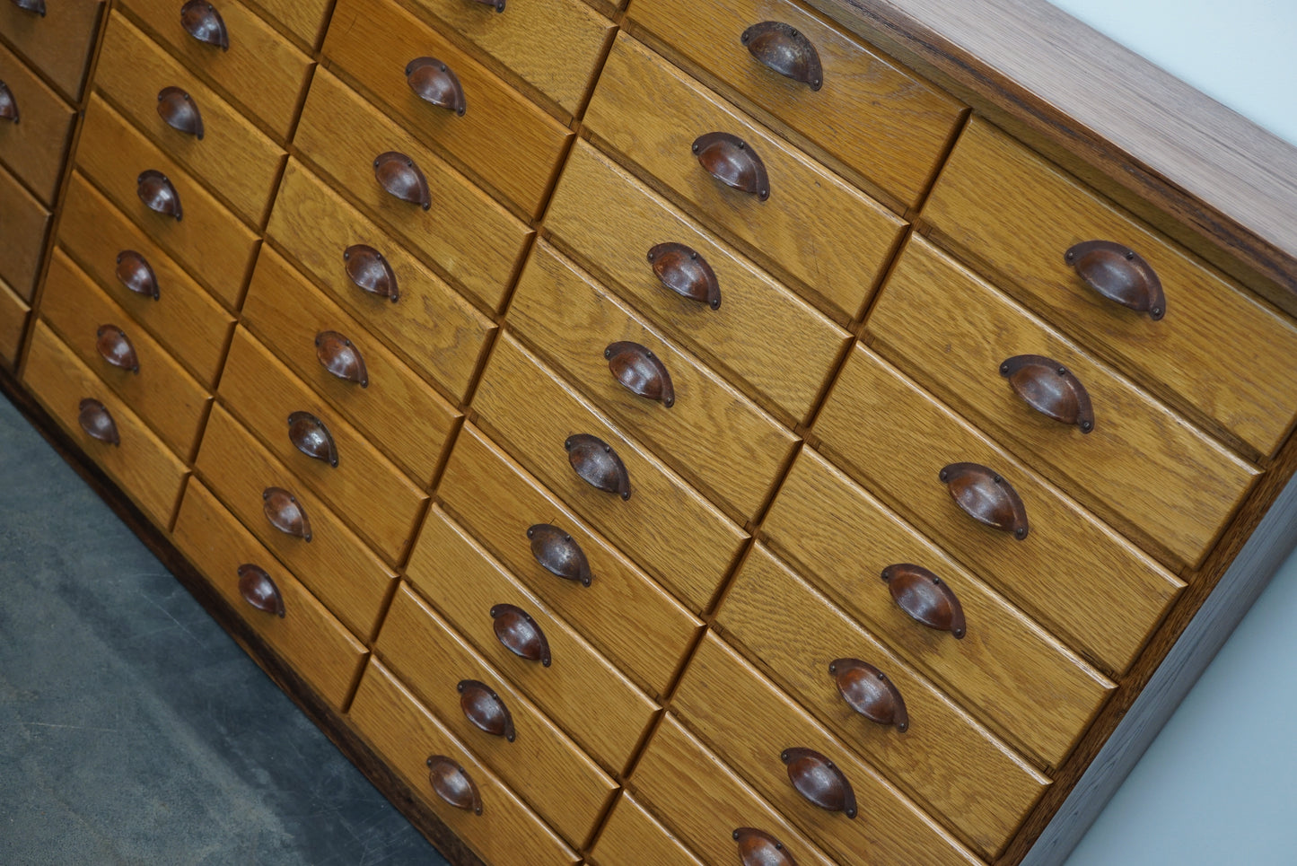 German Industrial Oak Apothecary Cabinet, Mid-20th Century