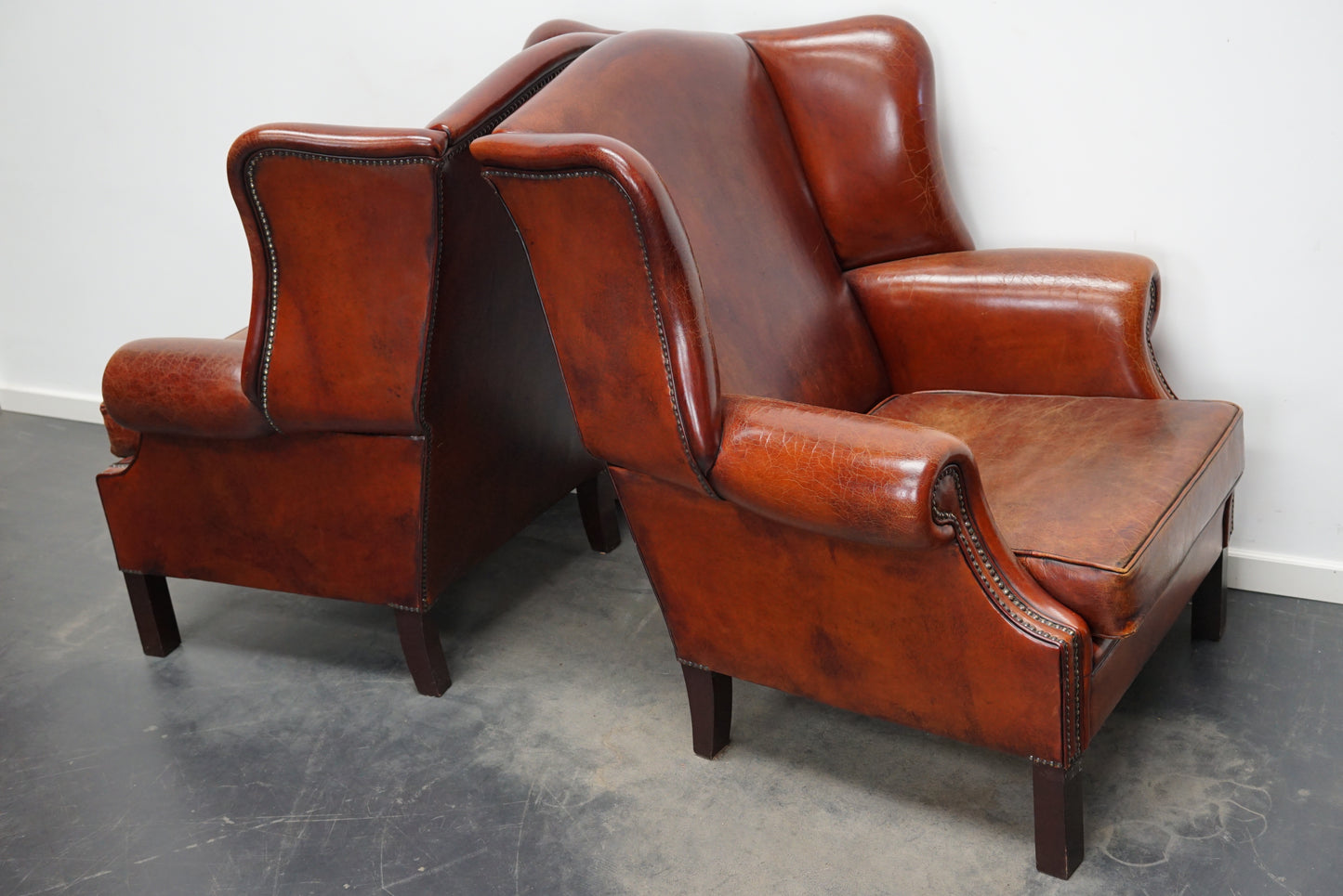 Vintage Dutch Cognac Leather Wingback Club Chairs, Set of 2