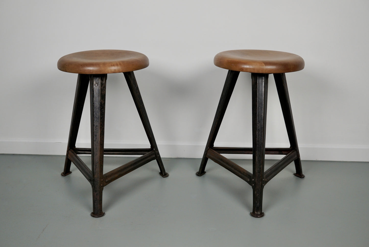 Pair of Industrial Steel Factory Stools by Rowac Robert Wagner Chemnitz, 1930s