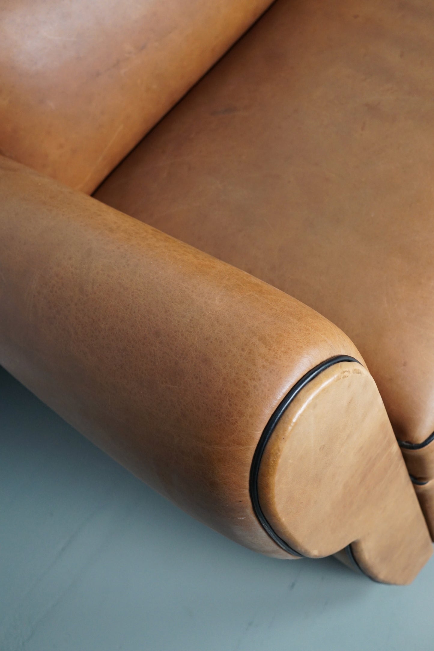 French Leather Moustache Back Club Sofa 2-Seater, Art Deco 1940's