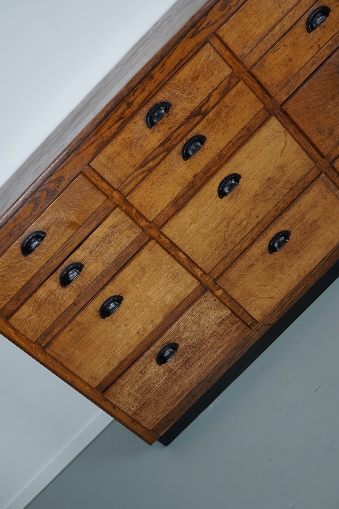 Belgian Industrial Oak Apothecary Cabinet / Bank of Drawers, 1940s