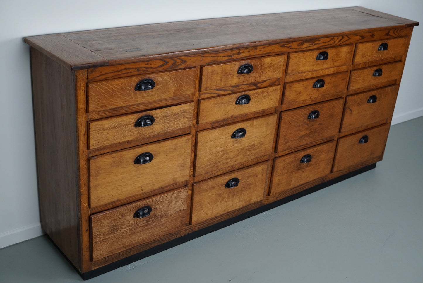 Belgian Industrial Oak Apothecary Cabinet / Bank of Drawers, 1940s