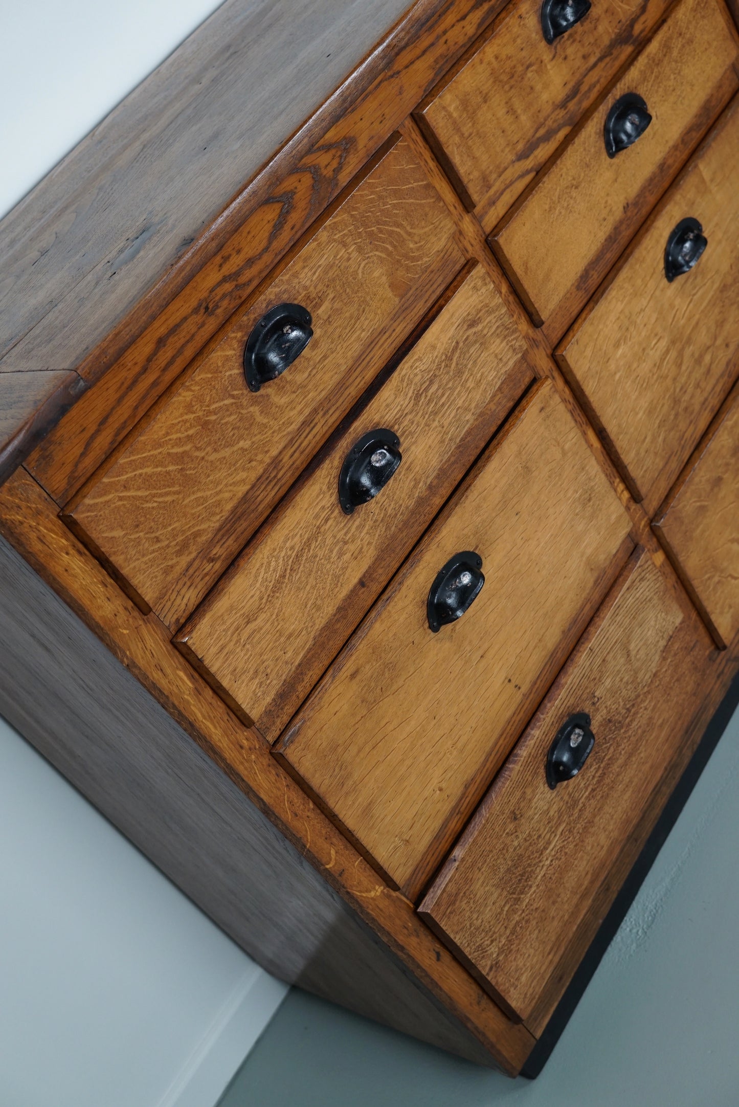 Belgian Industrial Oak Apothecary Cabinet / Bank of Drawers, 1940s