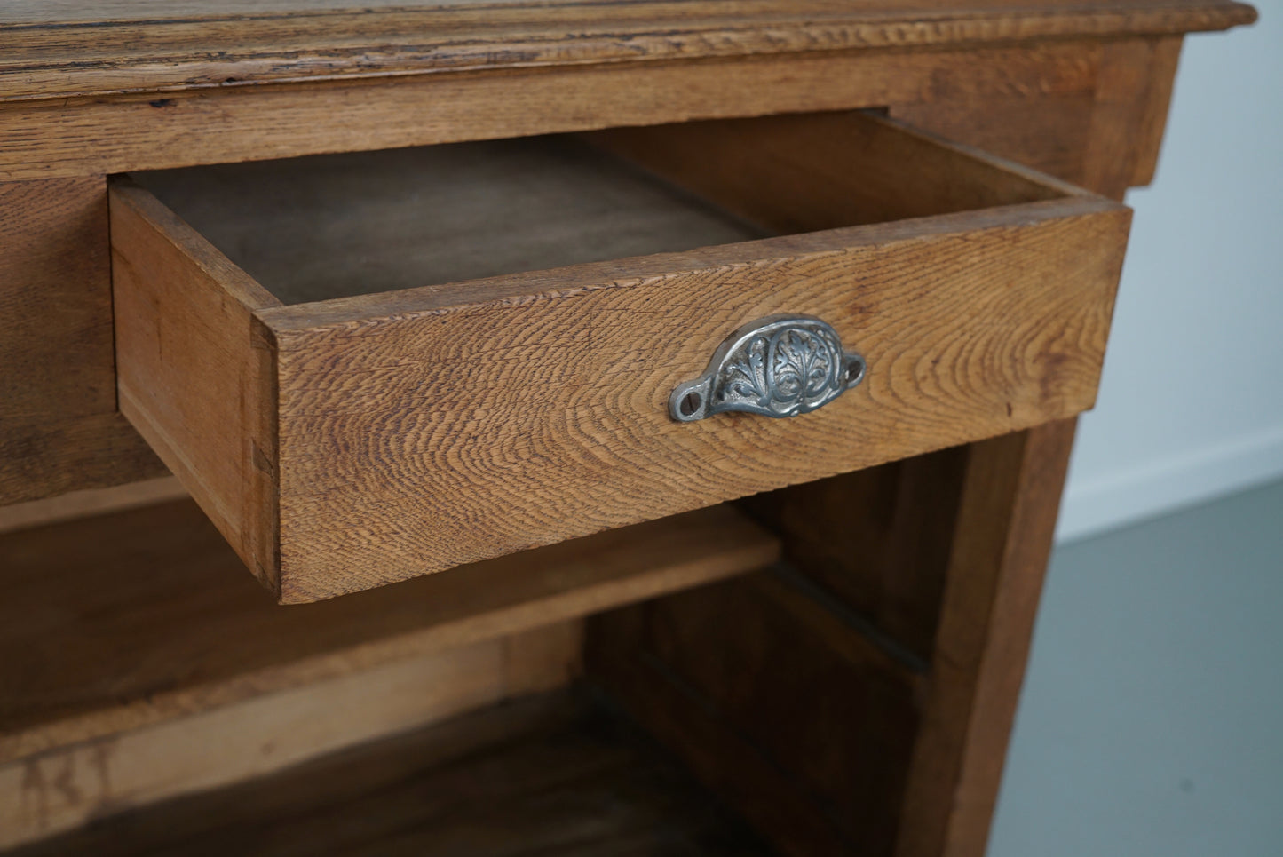 French Sun Bleached Light Oak Napoleon III Shop Counter / Desk, 19th Century