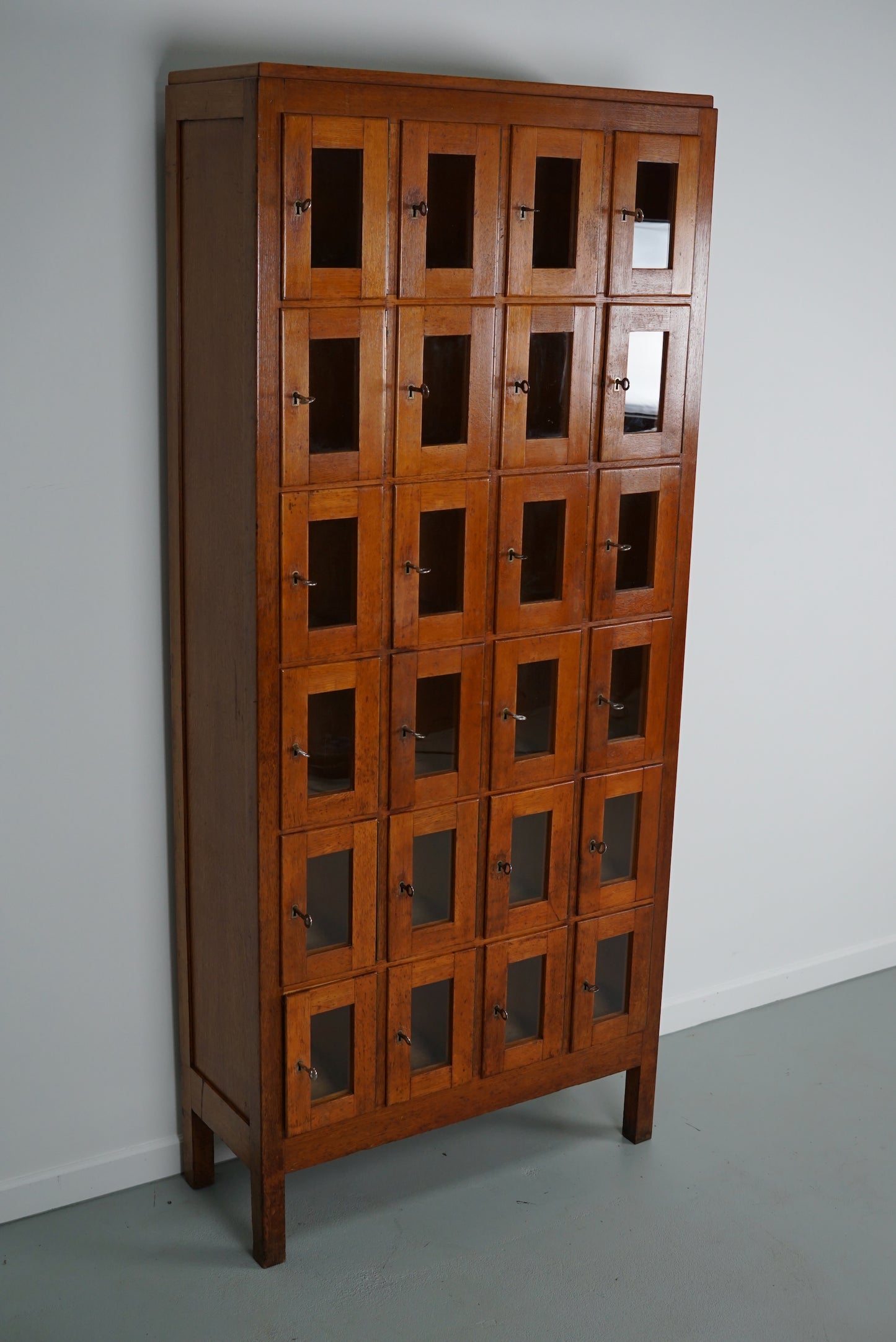Vintage Dutch Oak Glass Door Locker Cabinet, 1930s