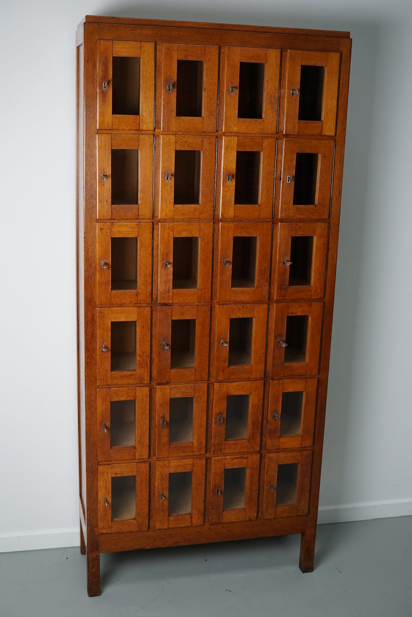 Vintage Dutch Oak Glass Door Locker Cabinet, 1930s