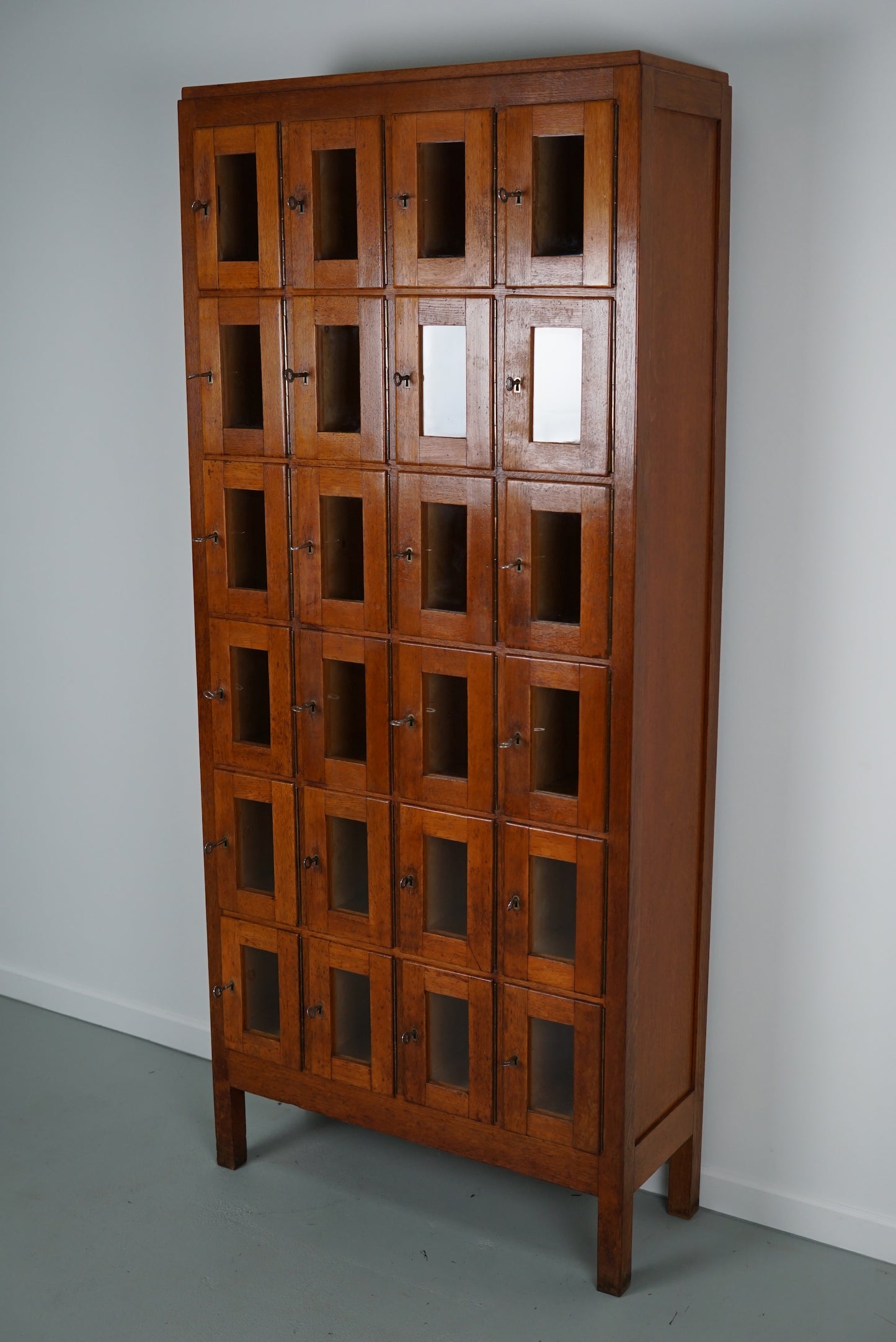 Vintage Dutch Oak Glass Door Locker Cabinet, 1930s