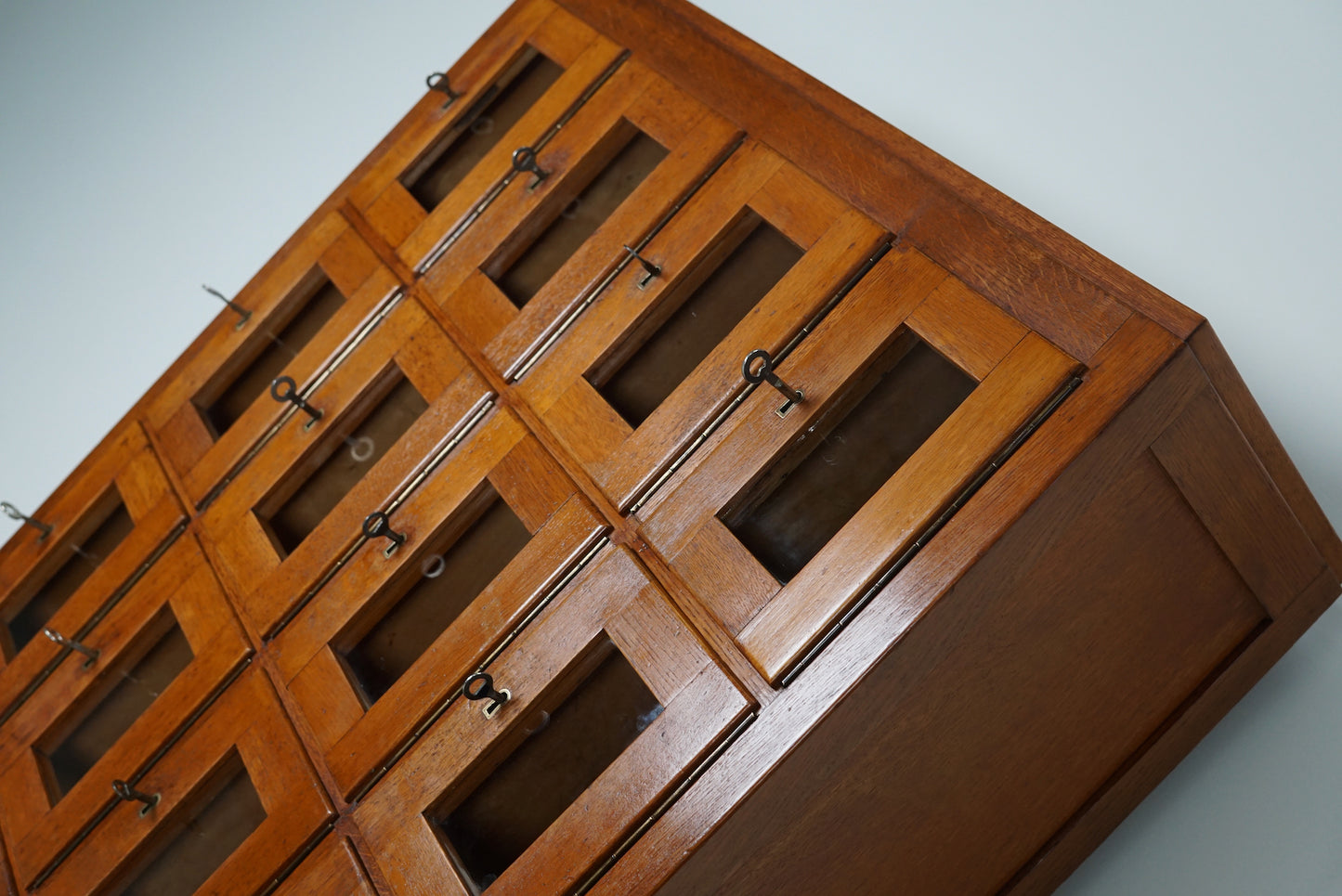 Vintage Dutch Oak Glass Door Locker Cabinet, 1930s