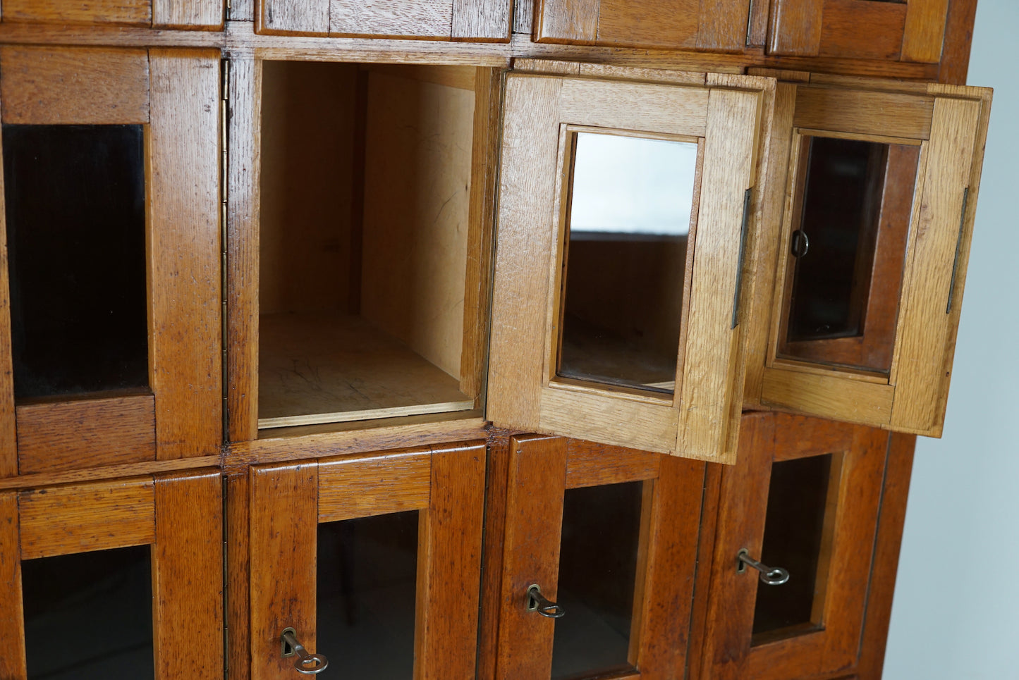 Vintage Dutch Oak Glass Door Locker Cabinet, 1930s
