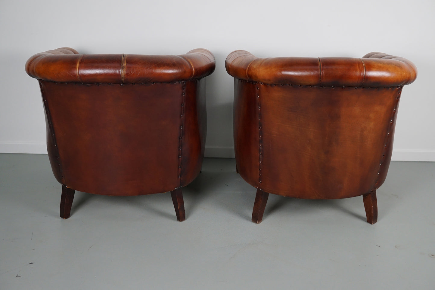 Vintage Dutch Chesterfield Cognac Leather Club Chairs, Set of 2
