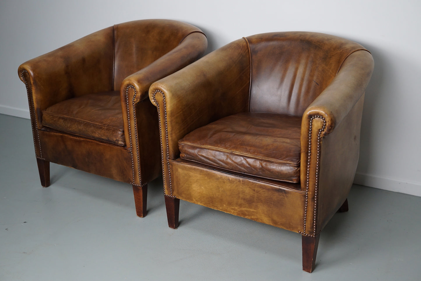 Vintage Dutch Cognac / Brown Colored Leather Club Chair, Set of 2