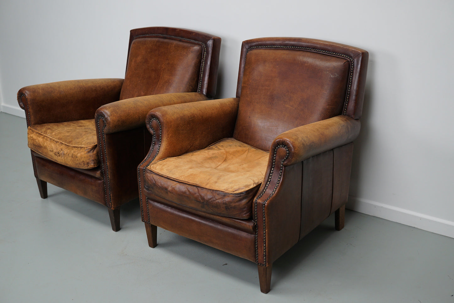 Vintage Dutch Cognac Colored Leather Club Chair, Set of 2