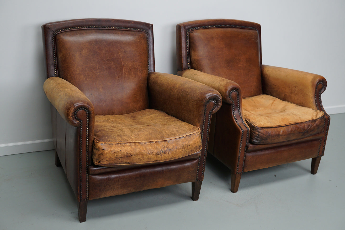 Vintage Dutch Cognac Colored Leather Club Chair, Set of 2