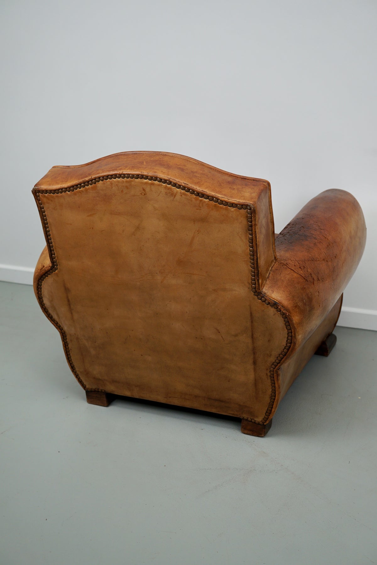 Vintage French Moustache Back Cognac-Colored Leather Club Chair, 1940s