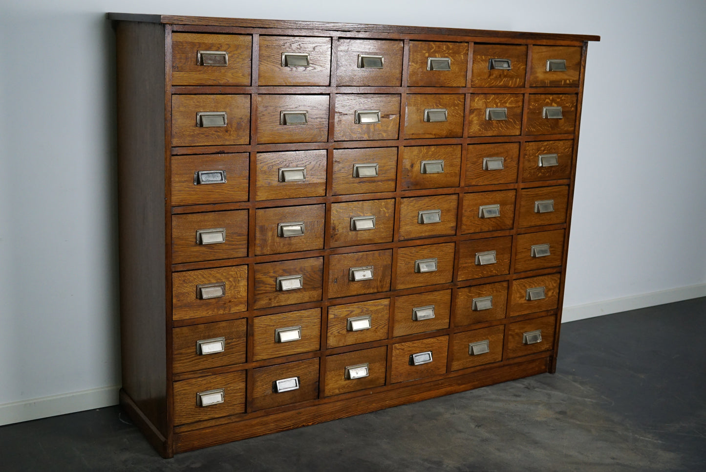 German Industrial Oak Apothecary Cabinet, Mid-20th Century