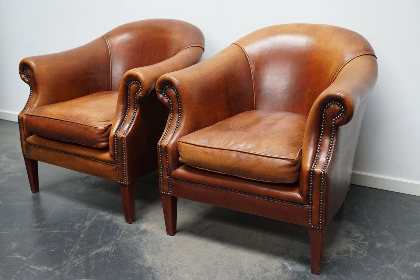 Vintage Dutch Cognac Colored Leather Club Chair, Set of 2