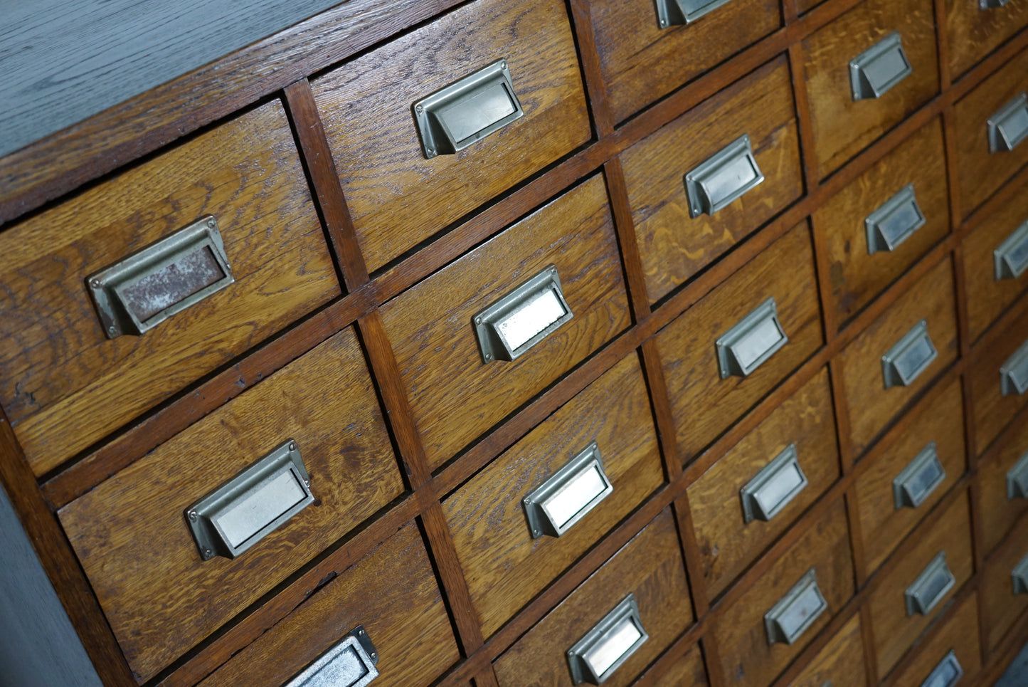 German Industrial Oak Apothecary Cabinet, Mid-20th Century