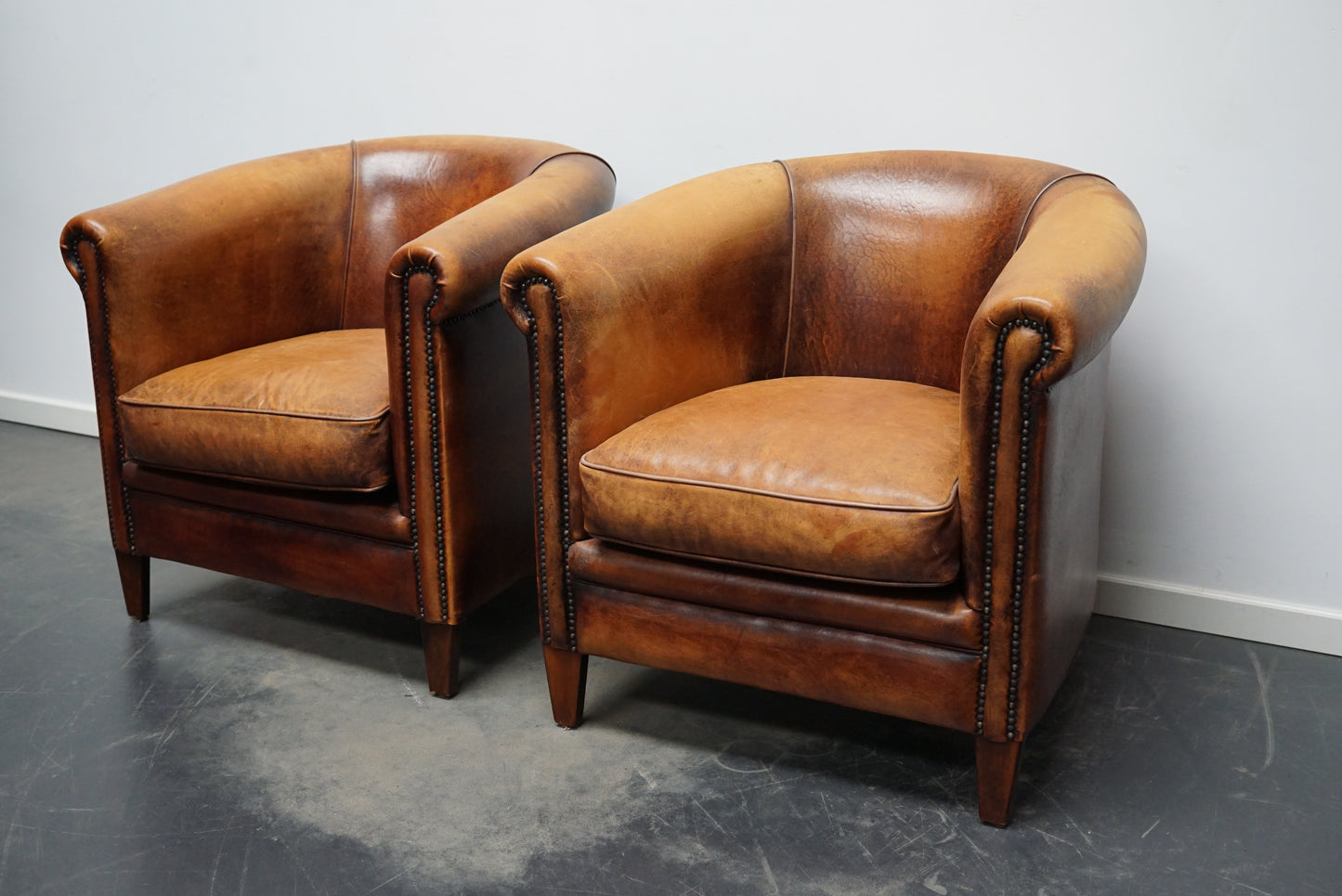 Vintage Dutch Cognac Colored Leather Club Chair, Set of 2