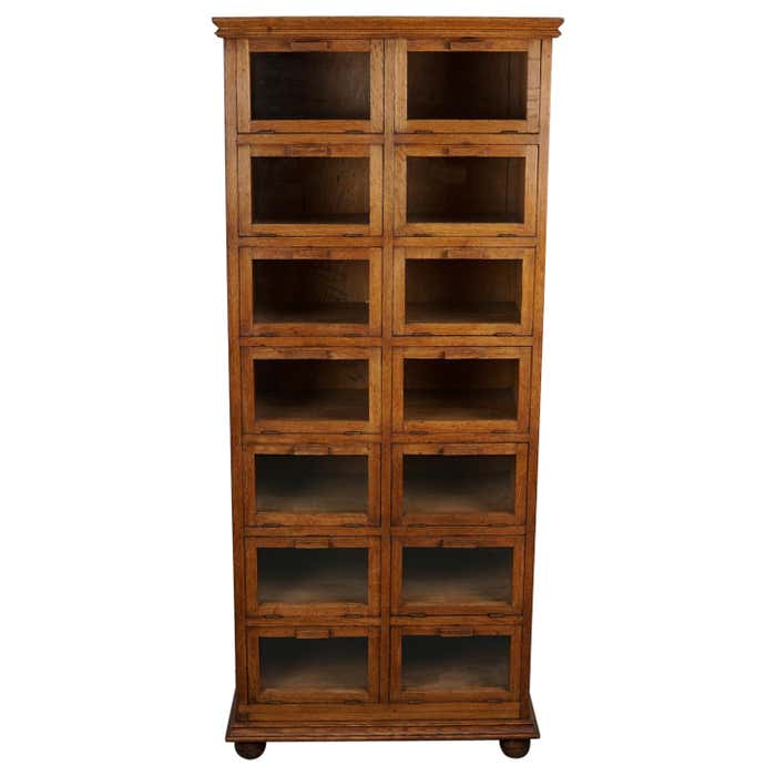 Vintage Dutch Oak Haberdashery Shop Cabinet / Vitrine Drop Down Doors, 1930s