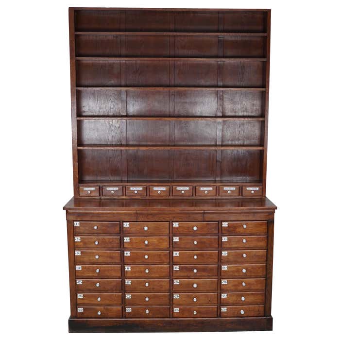 Large German Oak Apothecary Cabinet with Enamel Shields, Late 19th Century