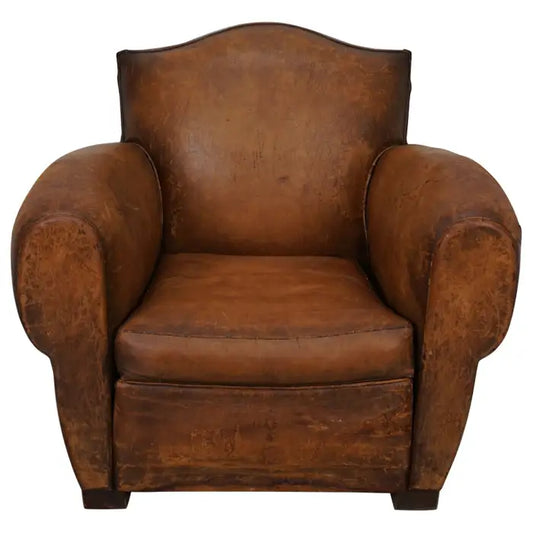 Vintage French Moustache Back Cognac-Colored Leather Club Chair, 1940s