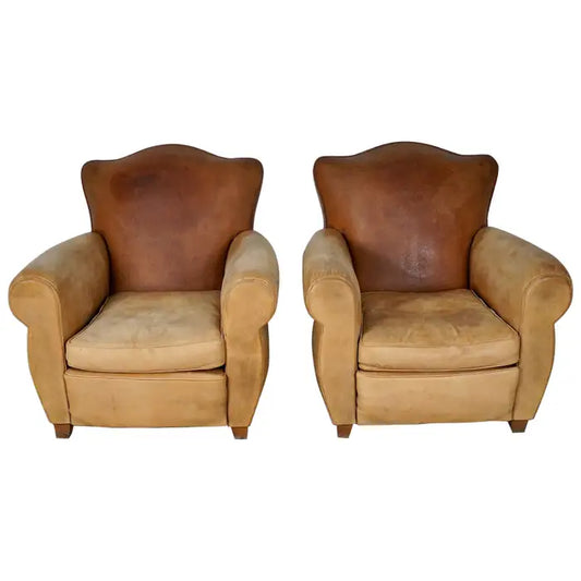 Pair of French Cognac Moustache Back Leather Club Chairs, 1940s