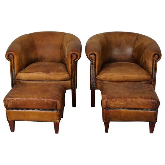 Vintage Dutch Cognac Colored Leather Club Chair, Set of 2 with Footstools