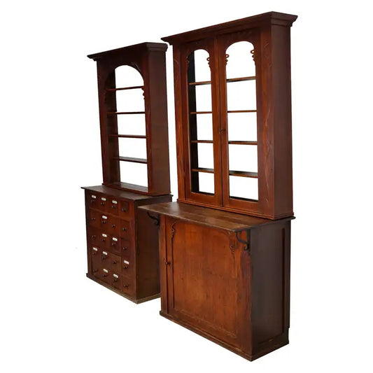 Pair of Art Nouveau Antique Dutch Oak Apothecary Cabinets / Vitrines ca 1904