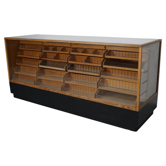 Vintage German Oak Glass Shop Counter Haberdashery Cabinet Vitrine, ca 1950