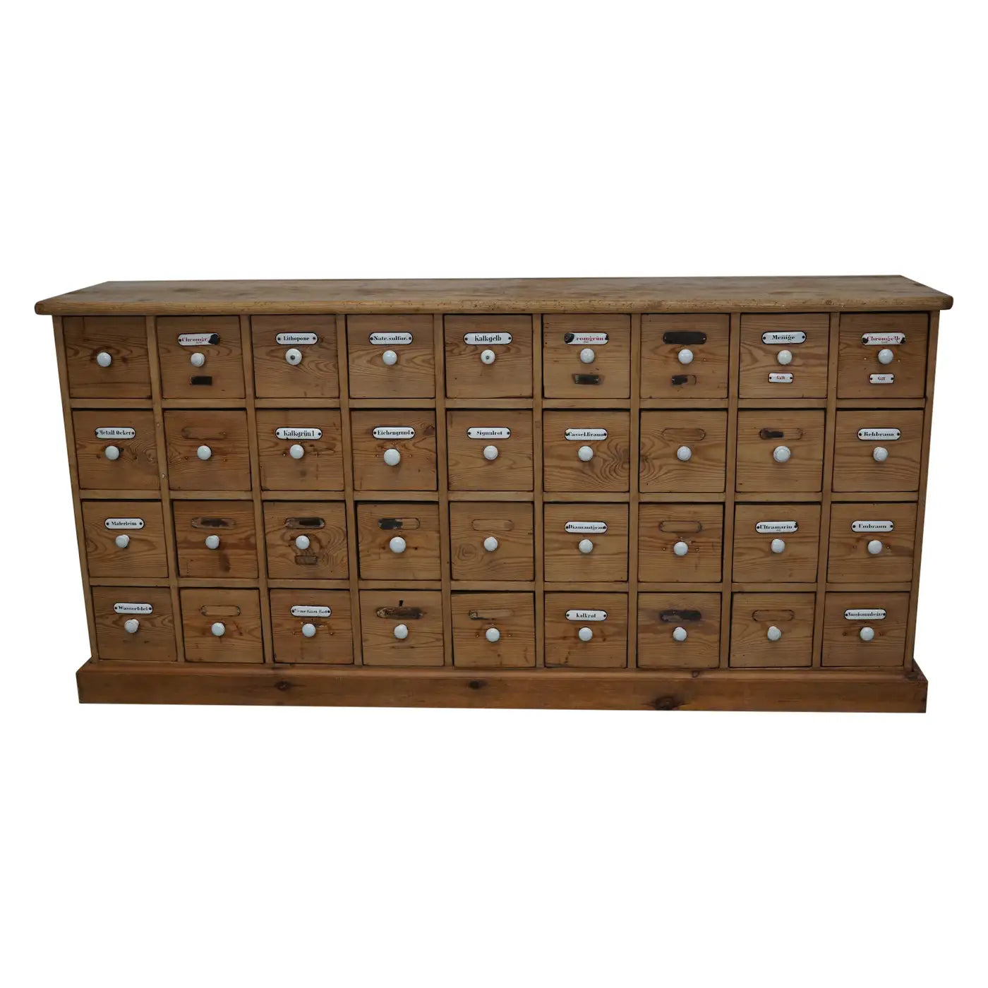 Antique German Pine Apothecary Cabinet with Enamel Shields, 1900s