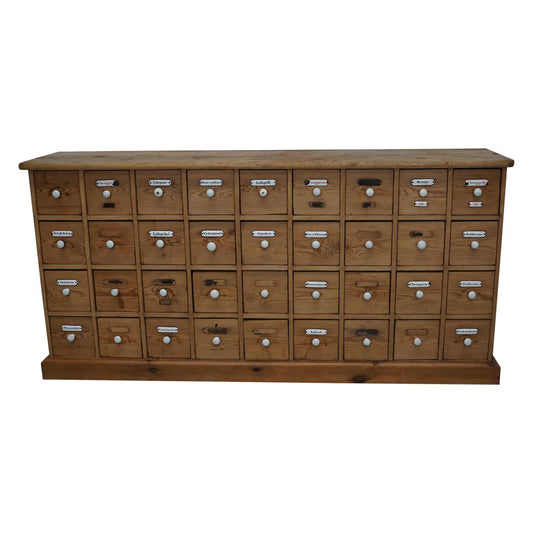 Antique German Pine Apothecary Cabinet with Enamel Shields, 1900s