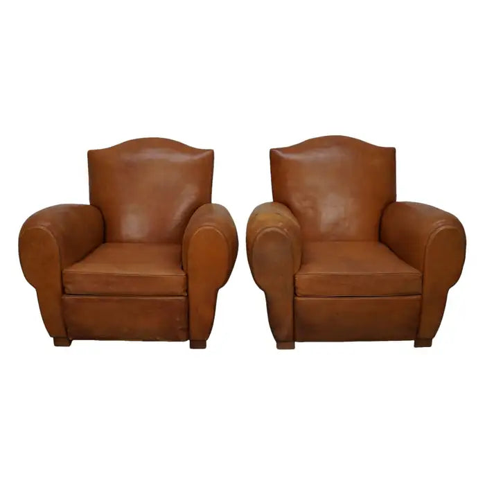 Pair of French Cognac Moustache Back Leather Club Chairs, 1950s