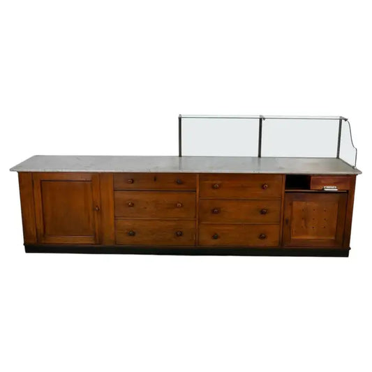 Large Antique Art Deco German Oak & Marble Chocolate Shop Counter, 1920s