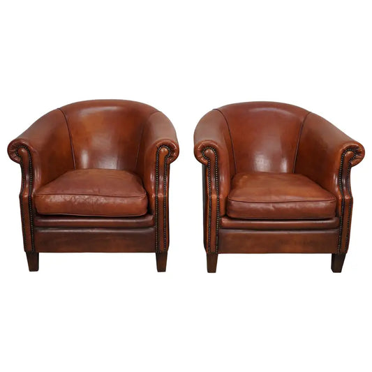 Vintage Dutch Cognac Colored Leather Club Chair, Set of 2