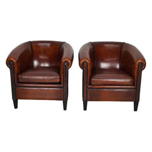 Vintage Dutch Cognac Colored Leather Club Chair, Set of 2