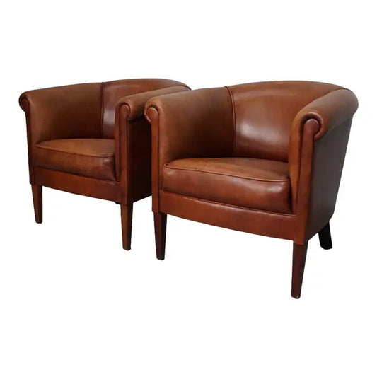 Vintage Dutch Cognac Colored Leather Club Chair, Set of 2